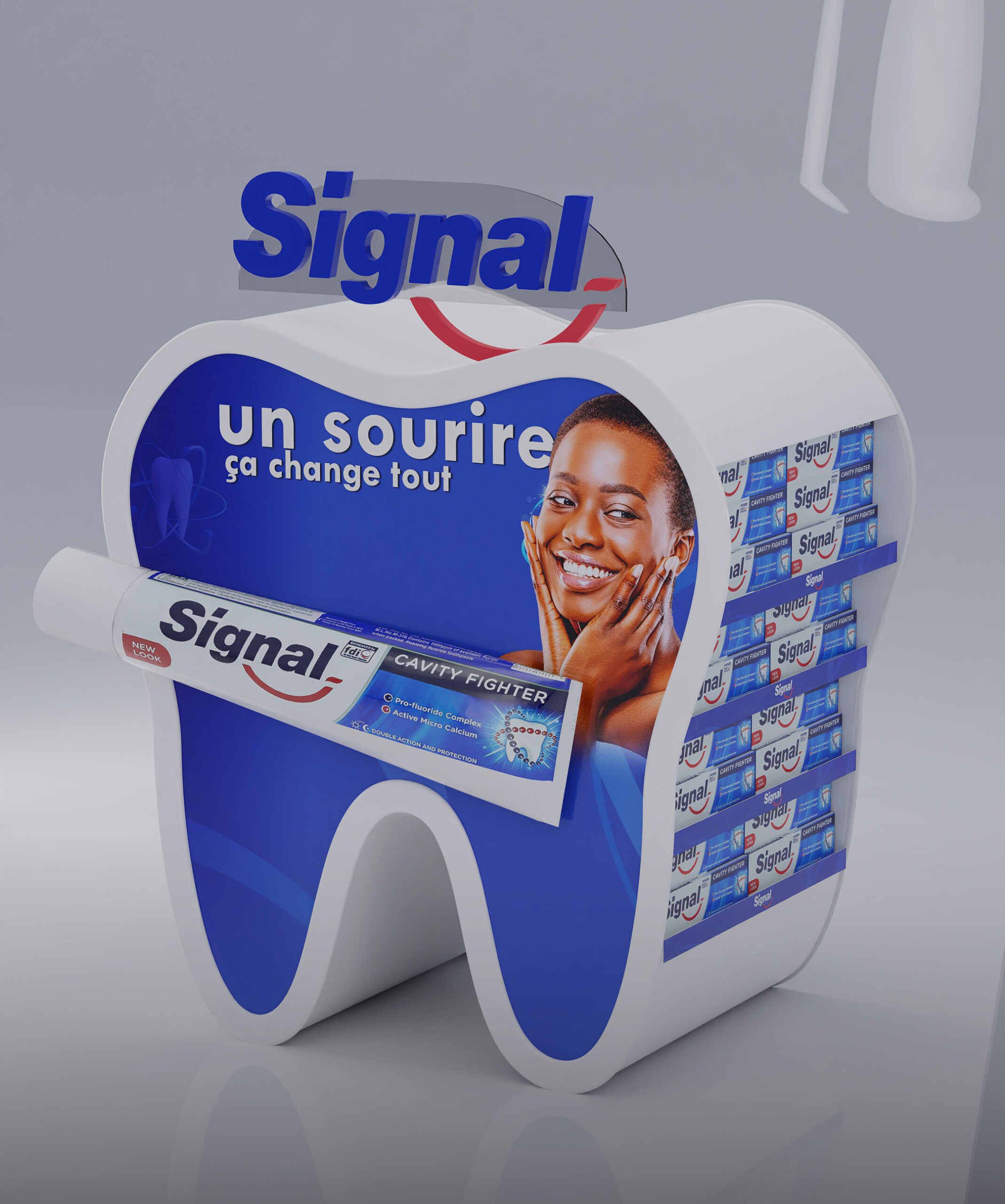 Présentoir Signal 3D en forme de dent — troisième vue